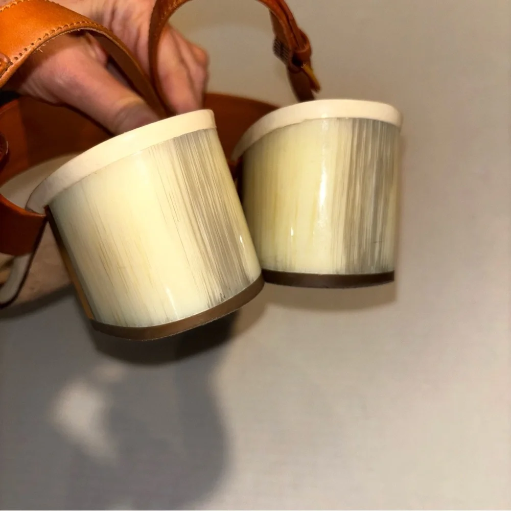 Tory Burch Two-Tone Tan and Orange Block Heel Sandals